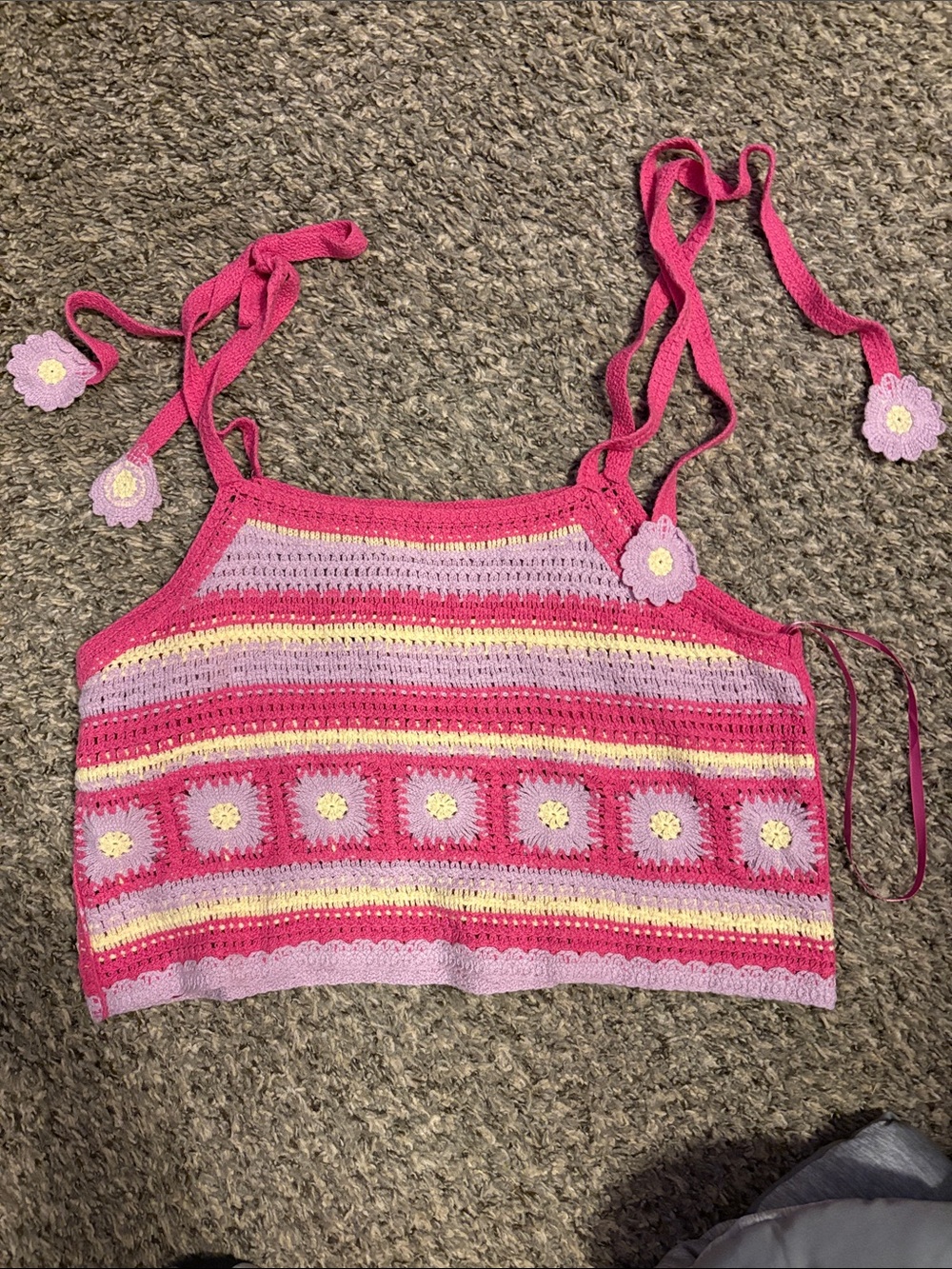 Women’s Pink Crochet Daisy Tie-Strap Tank Top